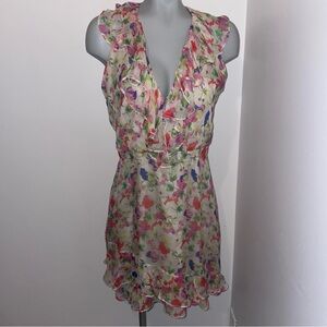 Saloni Dress Sleeveless Ruffle Silk Beige Red Pink Floral Size 6